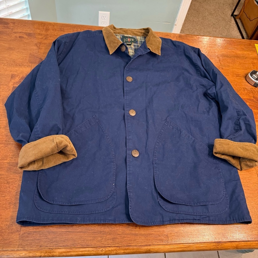 J. Crew Men's Navy Field coat barn Jacket corduroy cuff collar size XL